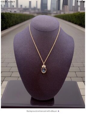 Vintage Nolan Miller Oval Blue Faceted Pendant Necklace Goldtone 16” Avon Chain